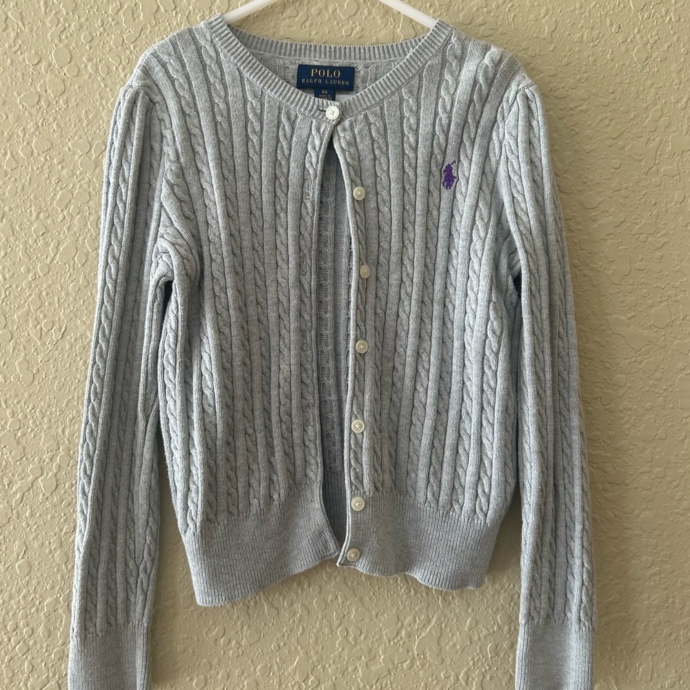 Polo by Ralph Lauren Light Gray Cable Knit Cardigan w/Purple Pony